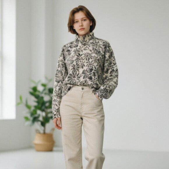 JONES NEW YORK SZ M Lambswool Angora blend Beige Black Warm Mock Neck Sweater - Picture 1 of 7